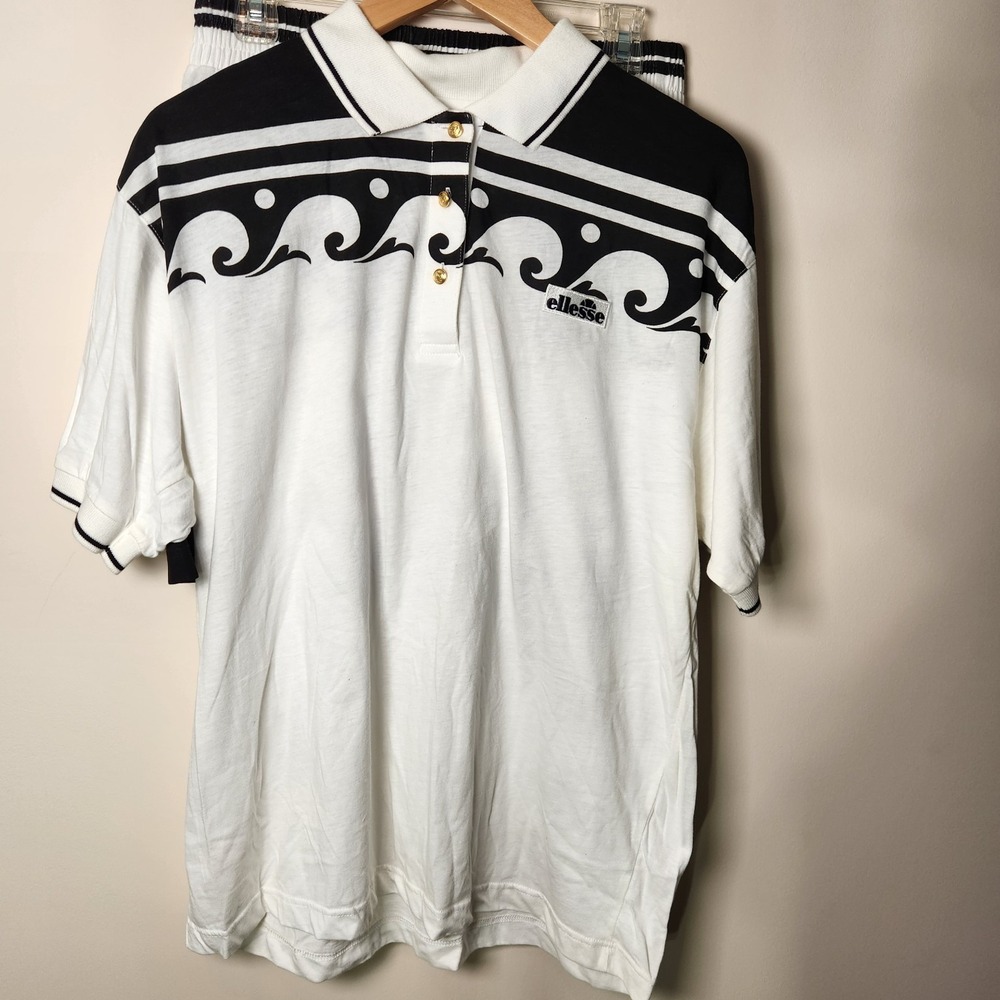 Vintage Ellesse Tennis Set Womens 12 White Black Polo Shirt Skirt 2 Pc Wimbledon